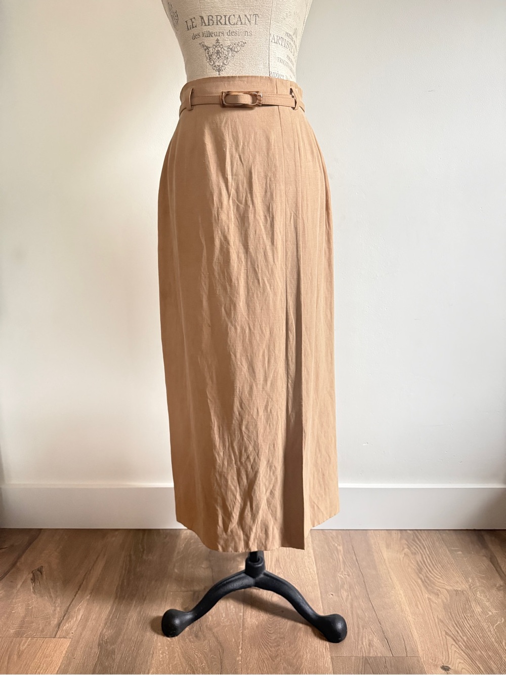 Vintage Liz Claiborne Silk/Linen Camel Pencil Midi Skirt-Slim Belt-Front Slit
